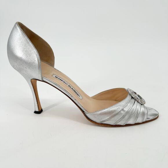 Vintage Manolo Blahnik Silver Leather y2k Sedaraby Crystal D’Orsay Heels IT 41.5 - Picture 3 of 15